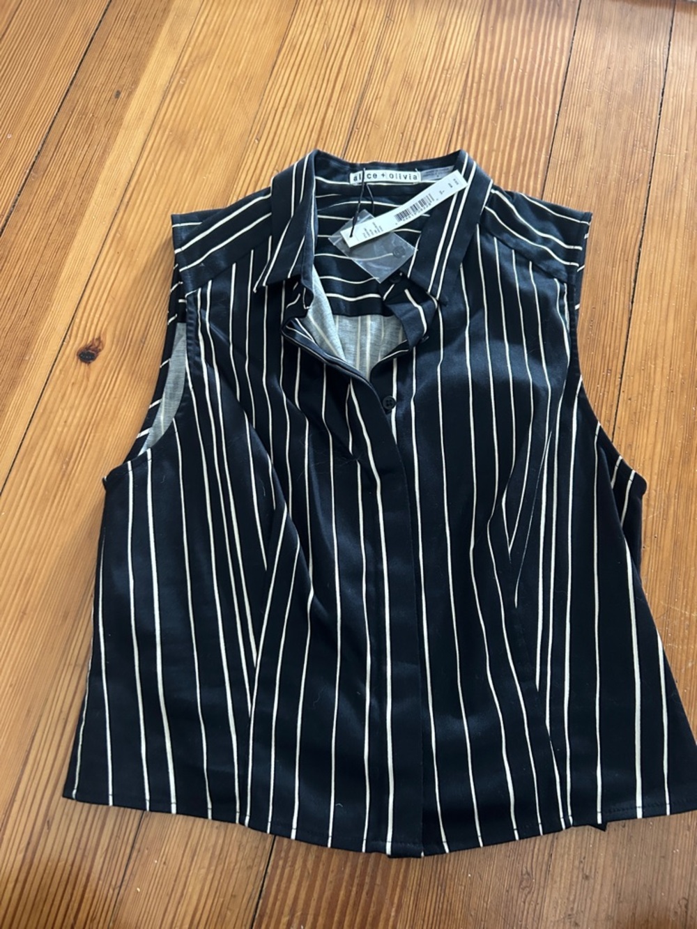 Alice and Olivia NWT Black and White Vertical Stripe Sleeveless Button Blouse
